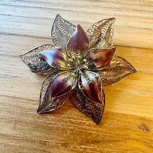 Vintage Sterling Cannetille Plique A Jour Flower Brooch Vermeil Made in Italy